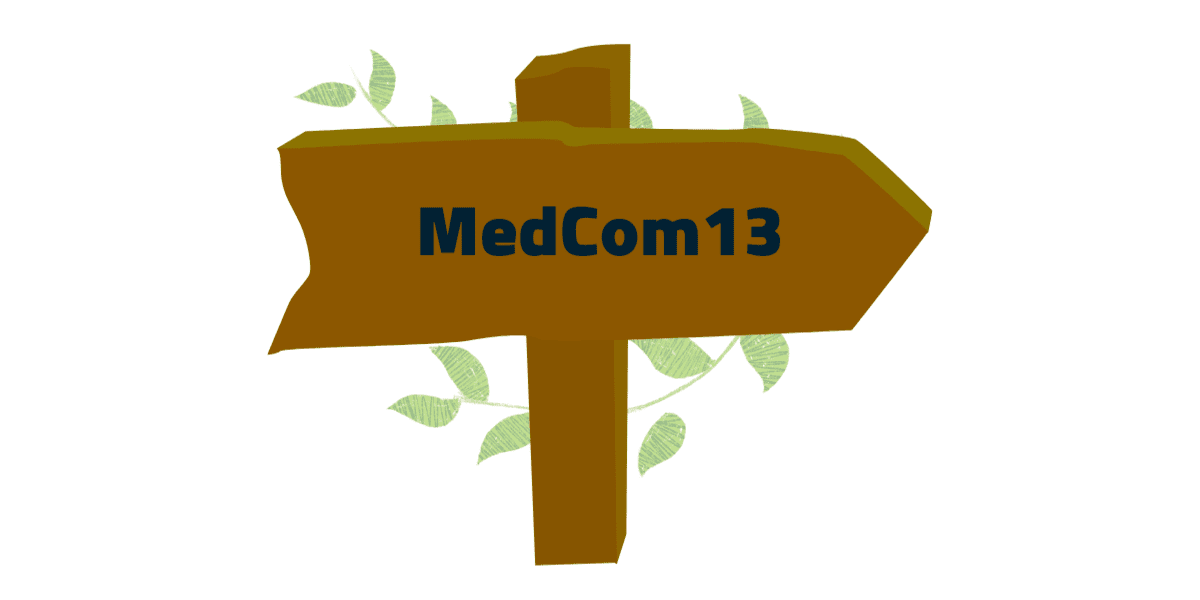 Illustration af træskilt, hvor der står MedCom13
