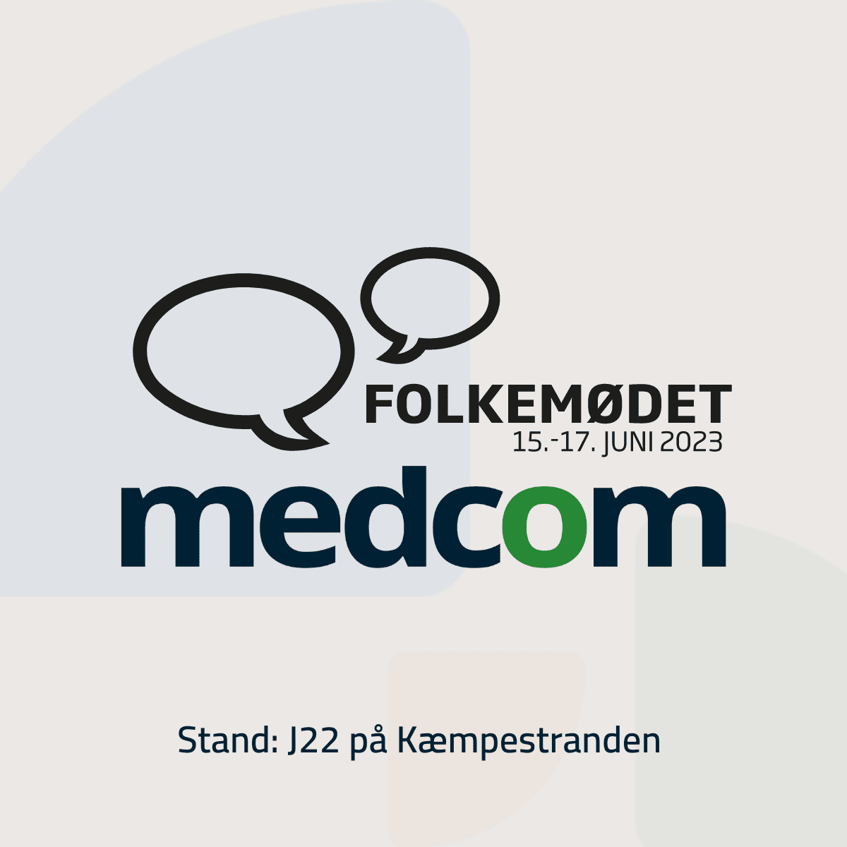 Folkemøde- og MedCom-logo med tekst: Stand J22 på Kæmpestranden