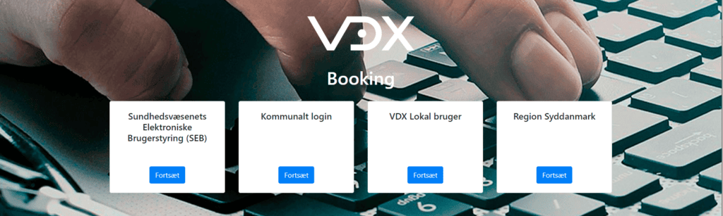 VDX loginside. Her kan man enten logge ind med SEB, Kommunalt login, VDX lokal bruger eller Region Syddanmark