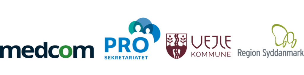 Logoer af PRO-afprøvningsdeltagerne MedCom, PRO-sekretariatet, Vejle Kommune og Region Syddanmark