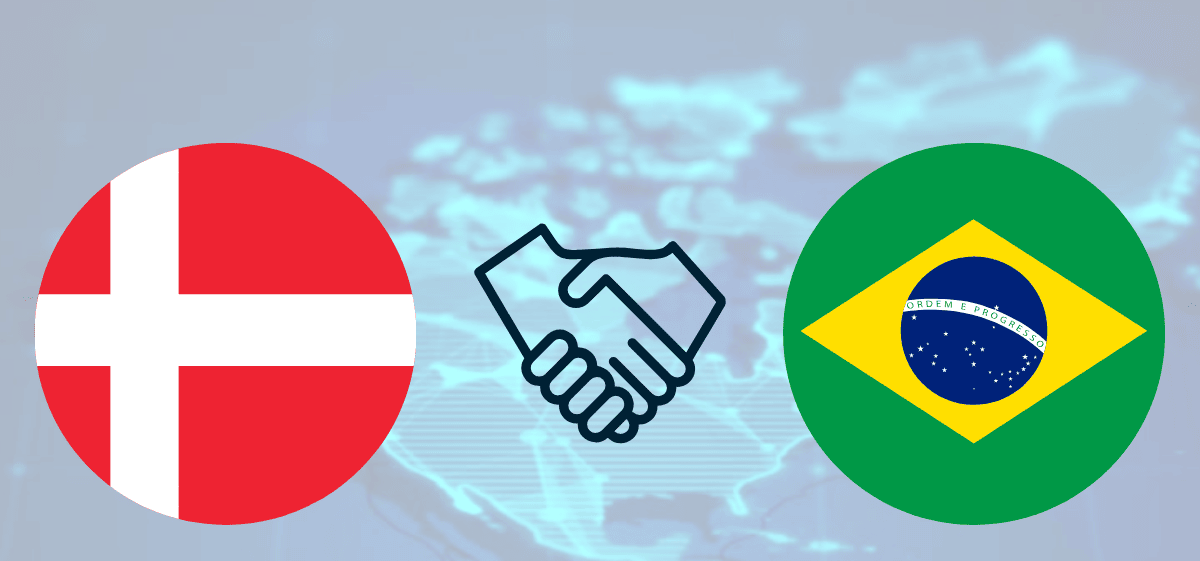 Dansk og brasiliansk flag med samarbejdsikon i midten. I baggrund verden/kloden set fra oven.