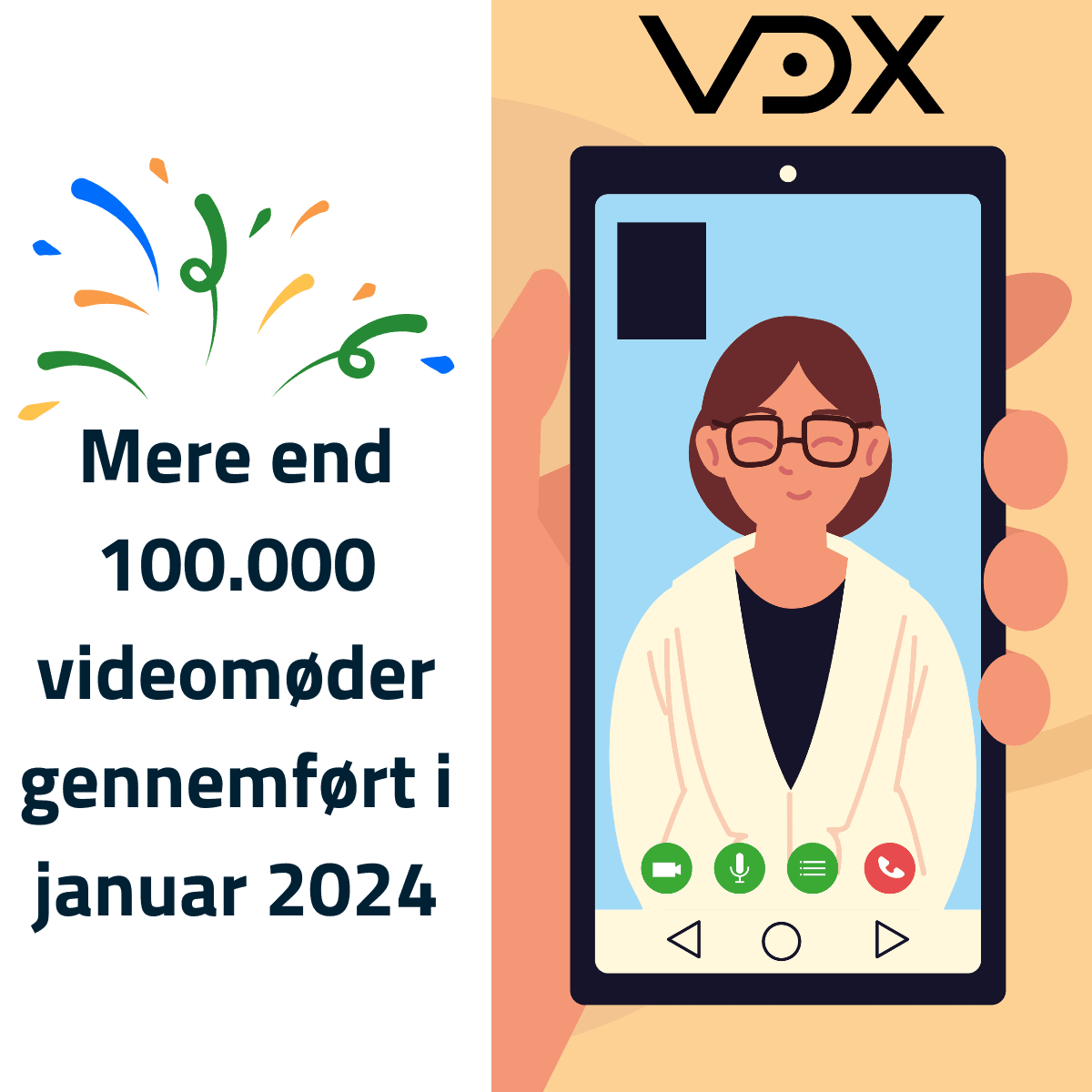Animeret illustration af videomøde med VDX-logo i toppen og tekst "Mere end 100.000 videomøder gennemført i januar 2024"