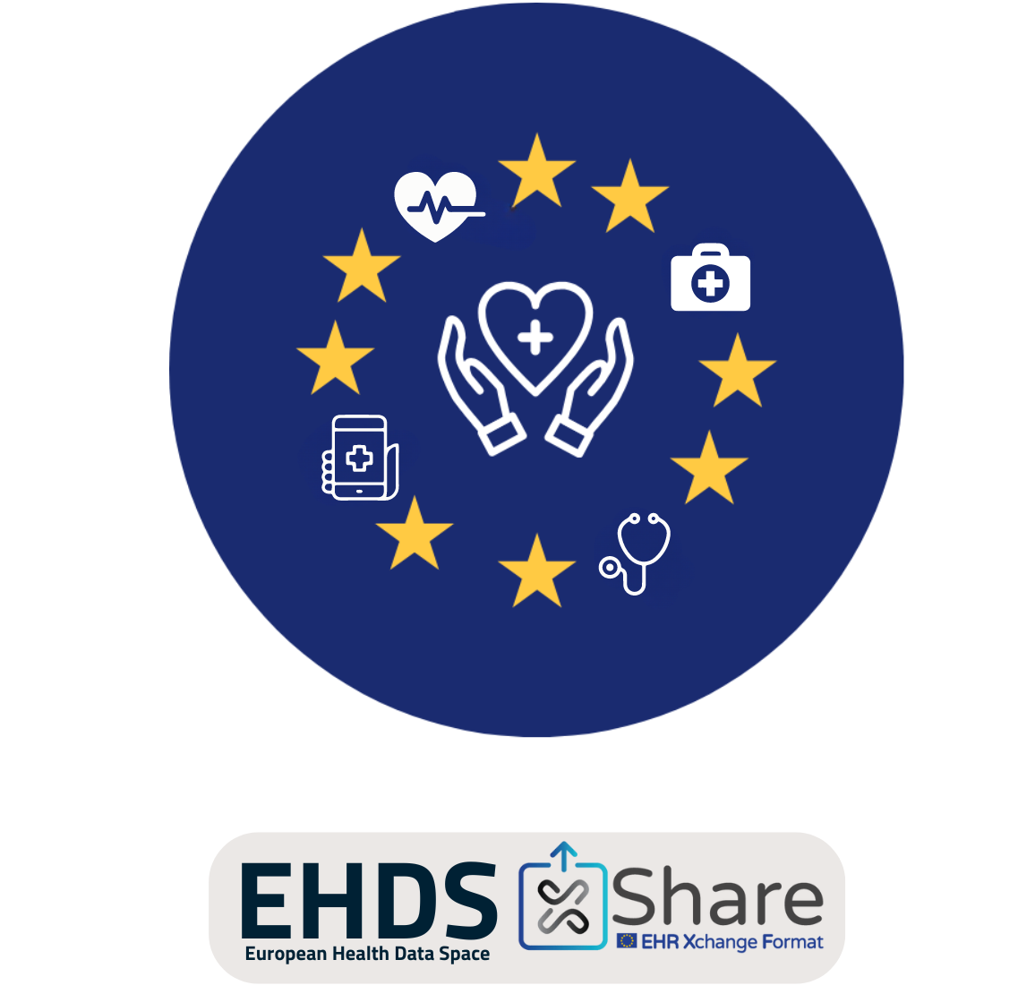 EU-logo med sundhedsikoner som erstatning for EU-stjernerne samt EHDS- og xShare-logo nederst i lysegrå kasse.