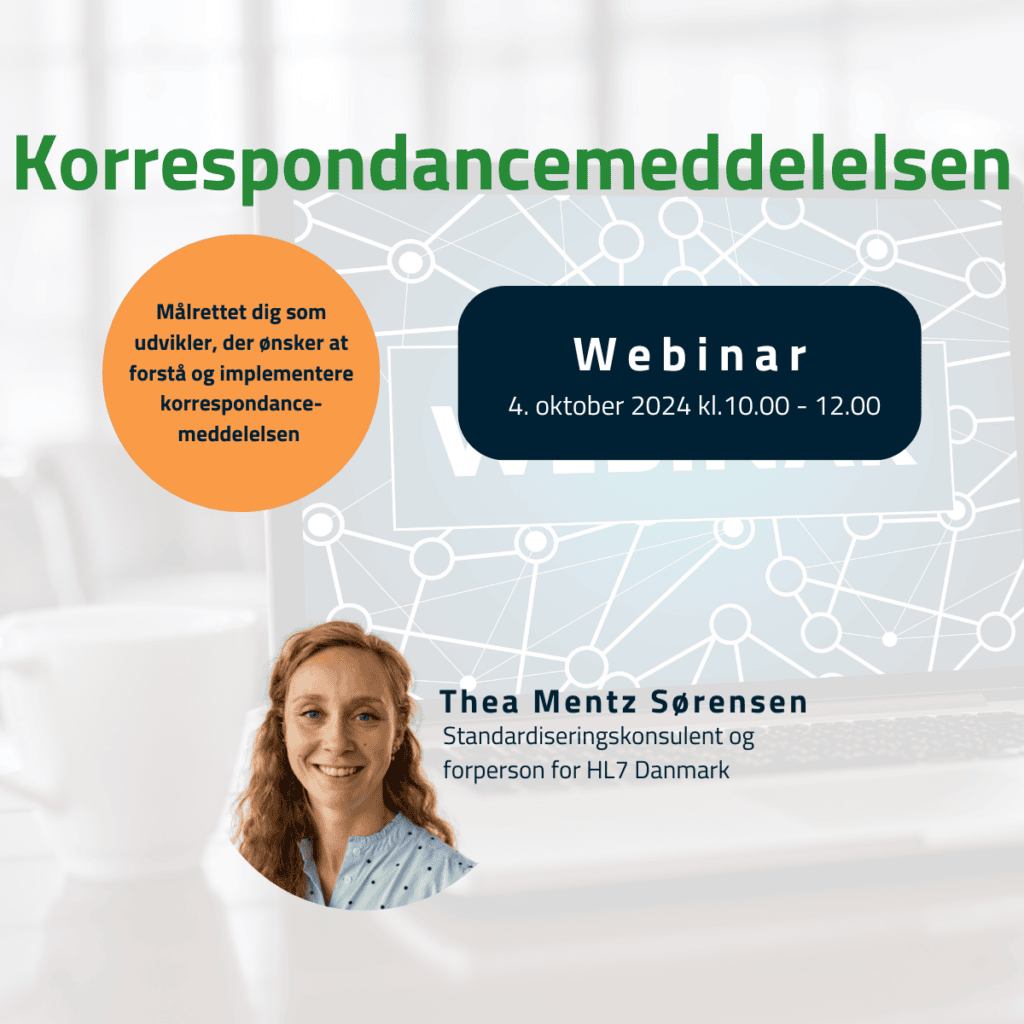 Tekst "Korrespondancemeddelelsen" med blå blok med tekst "Webinar 4. oktober 2024 kl. 10.00 - 12.00". Dernæst en orange blok med tekst "Målrettet dig som udvikler, der ønsker at forstå og implementere korrespondancemeddelelsen" og til sidst billede af Thea Mentz Sørensen