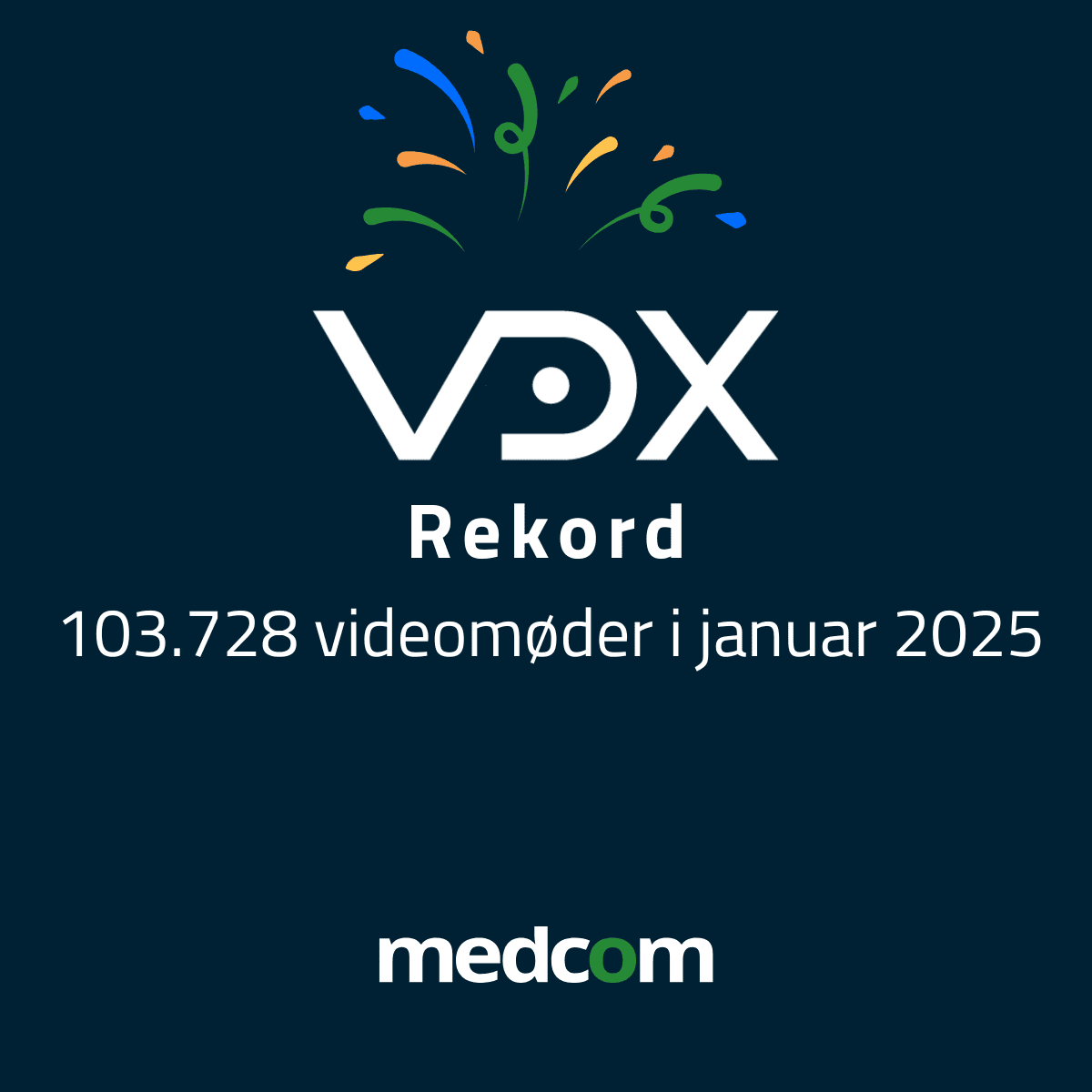 Fyrværkeri på mørk baggrund med VDX-logo og tekst "Rekord. 103.728 videomøder i januar 2025"