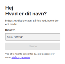 Screenshot af et vindue hvor man kan indtaste sit navn i et skrivefelt. Der står "Hej. Hvad er dit navn?".