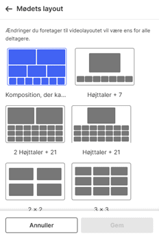 Mødets layout. Her er der eksempler på layouts som man kan vælge.