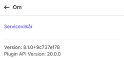 Billede af  om afsnittet som giver links til Pexips servicevilkår og viser versionerne af Webappen og Plugin API’en, der er i brug.