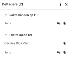 Deltagerliste med deltagere der har rakt hånden op og deltagere som er i dette møde