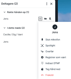 Deltagerliste med indstillinger for en bestemt deltager 