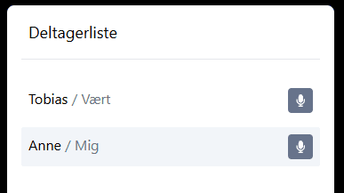 Deltagerliste med to deltagere: Tobias, som er vært og Anne som ser på deltagerlisten. 