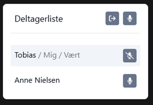 Deltagerliste med to deltagere: Tobias, som er vært og Anne som ser på deltagerlisten. 