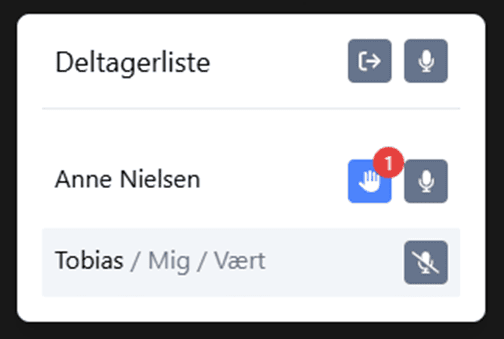 Deltagerliste hvor det fremgår at Anne Nielsen har rakt hånden op.