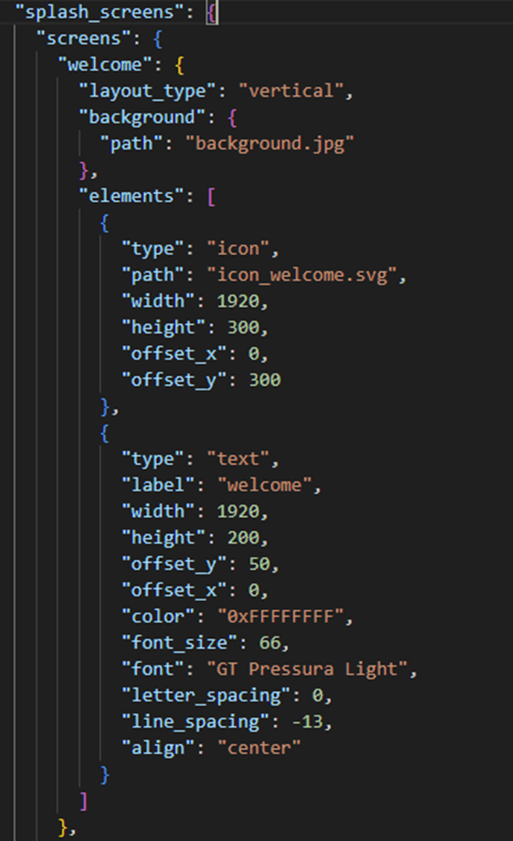 Et udsnit af kode i filen themeconfig.json, under feltet “splash_screens”.