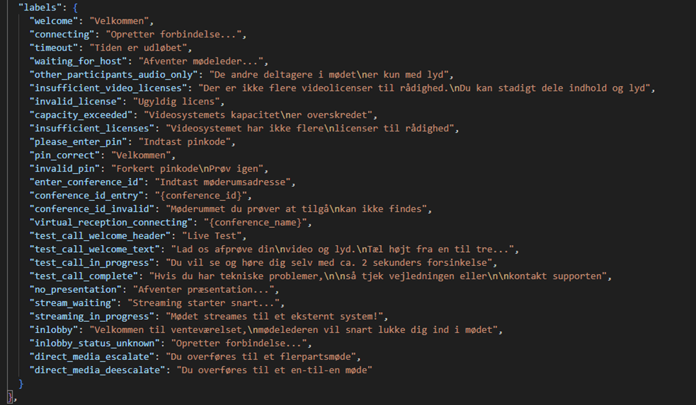 Et kode udsnit af labels efter screen sektionen