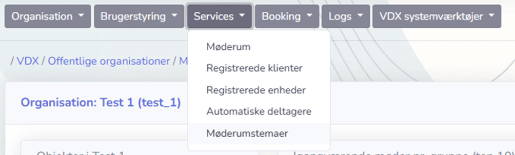 Under "Services" tabben kan man vælge "Møderum", "Registrerede klienter", "Registrerede enheder", "Automatiske deltagere" og "Møderumstemaer".