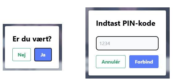 To bokse. I den boks som er mest til venstre skal du svare på om du er vært ved at trykke på enten ja eller nej knapperne. Den anden boks til højre skal du indtaste en pinkode og der er to knapper "Annulér" og "Forbind"