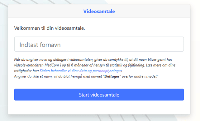 På siden ses et skrive felt hvor man skal indtaste fornavn og en knap hvor der står "Start videosamtale".