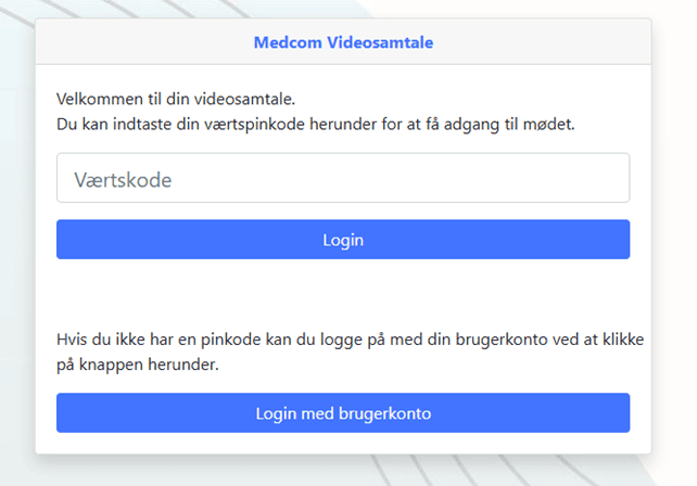 På siden ses et skrivefelt, hvor man kan skrive sin værtskode og trykke "Login" under skrivefeltet. Nederst er en knap til hvis man ikke har en pinkode hvor der står "Login med brugerkonto"