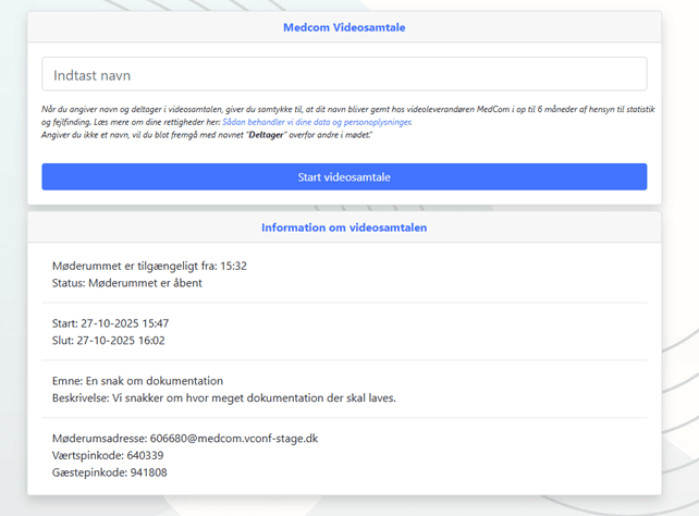 På siden ses et skrivefelt hvor man skal indtaste fornavn og en knap hvor der står "Start videosamtale".
Under det ses information om videosamtalen